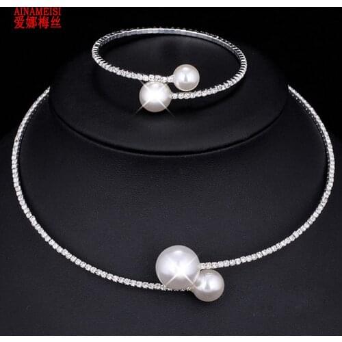 AINAMEISI Fashion Simple Simulated Pearl Bridal Jewelry sets Adjustable Necklace Bracelet For Women Crystal Wedding Jewelry Gift