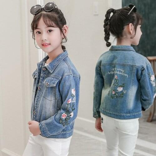Spring Autumn Casual Girls Denim Jackets Flower Embroidery Children Jean Coats Wash Distressed Kids Outerwear Clothes 4-9T