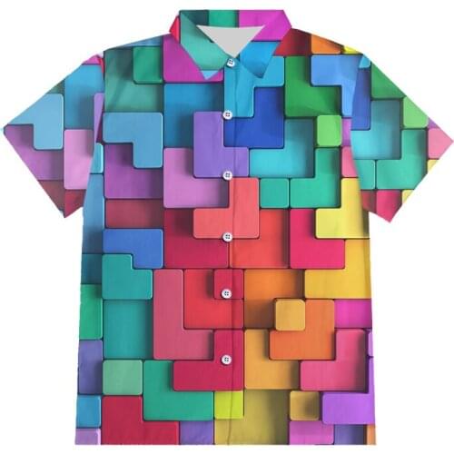 IFPD EU/US Size Colored Square Puzzle Harajuku Mens Casual Button Shirt Cool Print 3D Shirt Plus Size Short Sleeve Hiphop Shirt