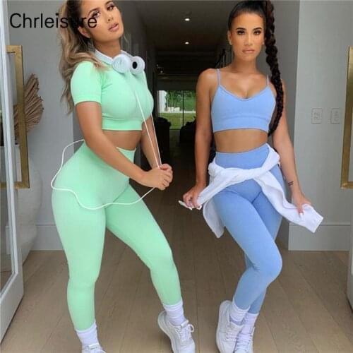 CHRLEISURE Women Two Piece Set Fitness High Waist Seamless Suits Short Solid Crop Top Gym Legging Sportswear Workout Tracksuit