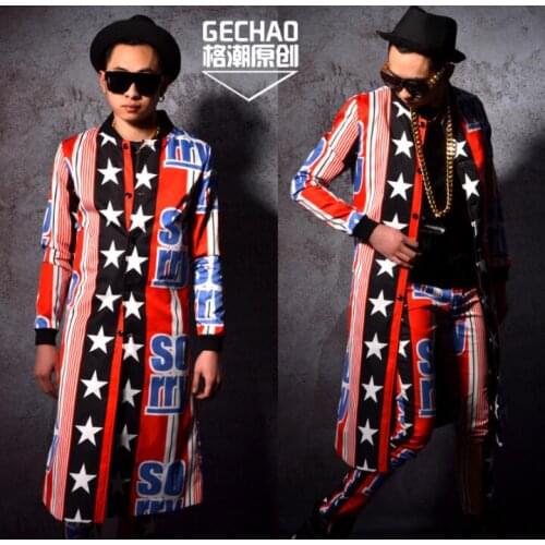 Jacket men clothes stage hairdresser Pentagram Hip hop mens jackets long coats singer stage dance