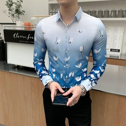 Autumn New Floral Shirt Men Fashion 2020 Long Sleeve Men Casual Shirts All Match Digital Print Slim Fit Tuxedo Dress Men Clothes