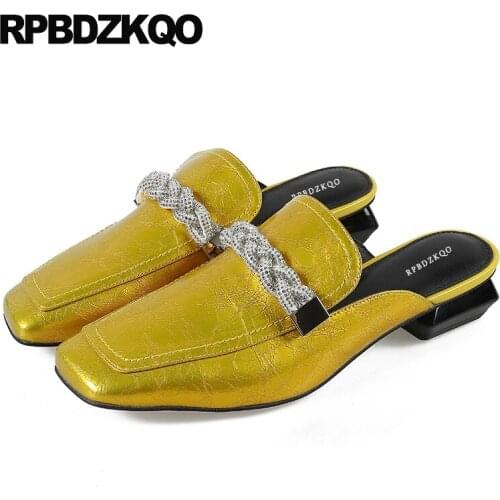 Chunky crystal block square toe low heels pumps golden evening gold luxury brand shoes women patent leather european rhinestone