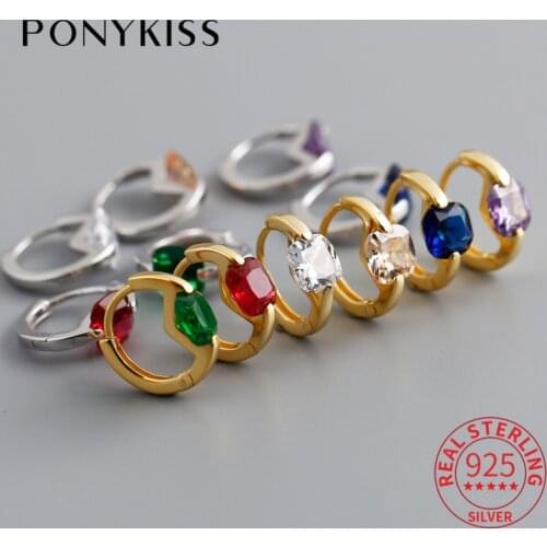PONYKISS Trendy 925 Sterling Silver Colorful Square Zircon Huggie Hoop Earrings for women Party Fine Jewelry Accessory
