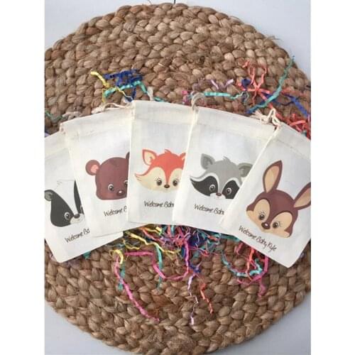 Woodland Forest party favor bags personalized Baby Shower animal theme gift bag muslin welcome Treat Bags candy bags baptism bag