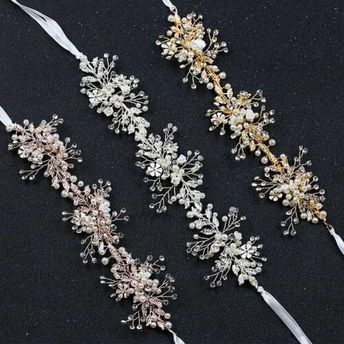 Crystal Beads Flower Tiara Headband Pearl Hairband with Ribbon Head Chain Wedding Hair Accessories BN