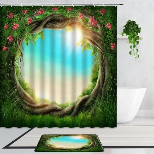 3D Flowers Meadow Tree Rattan Door Shower Curtains Dream Forest Green Leaf Landscape Bathroom Bath Curtain Non-Slip Carpet Mats