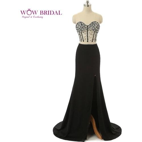 Wowbridal 2021 Gorgeous Two Pieces Evening Dresses Sexy Off the Shoulder Strapless Beaded Appliques Sweep Train Taffeta Mermaid
