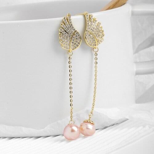 AIYANISHI 18K Gold Filled Natural Freshwater Peal Drop Earrings Women Engagement Wings Link Chain Pearl Earrings Fashion Jewelry