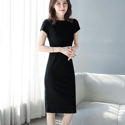Woman Cotton Soft Dress Half sleeve Slash Neck Solid color All match Casual Elastic Lady office dress