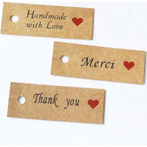 100pcs/lot kraft Paper Red Heart Tag Letter Thank you Handmade French Merci Love Hand Tag Candy Box Gift Bag Decor Supplies