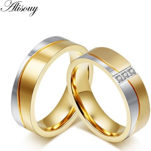 Alisouy wholesale jewelry accessories 6mm width fashion lovers' ring for men women Gold Color stainless steel with CZ Rings