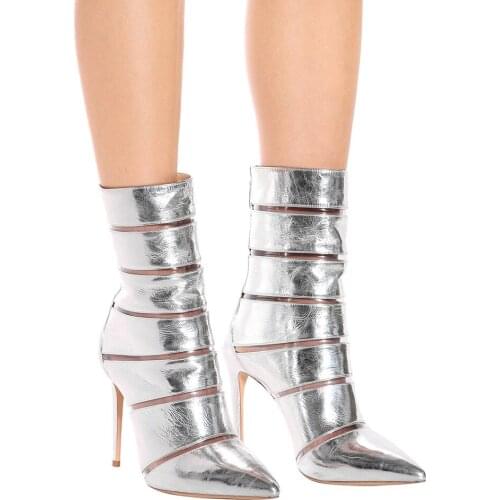 Glitter Silver Leather Patchwork Ankle Boots Pointed Toe Thin High Heel Transparent PVC Cutout Bling Boots Female Short Boots