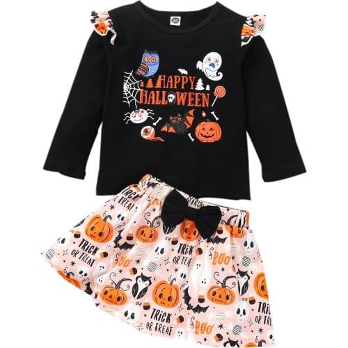 Toddler Girls Halloween Two-piece Clothes Set Long Sleeve T-shirt and Big Hem Skirt Children Clothing Set Outfits for Girls
