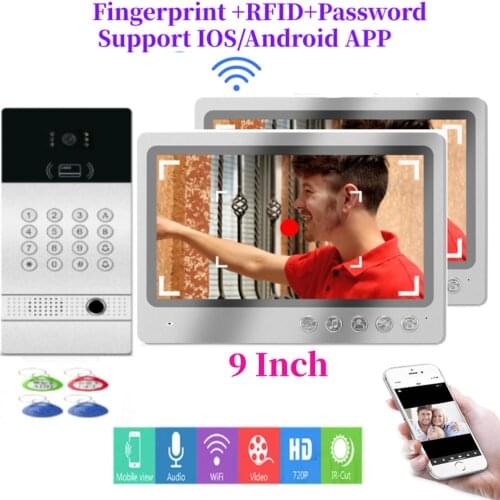App Remote Unlock Video Intercom 9" Monitor WIFI Video Door Phone Doorbell Waterproof Metal Case Fingerprint RFID Camera System