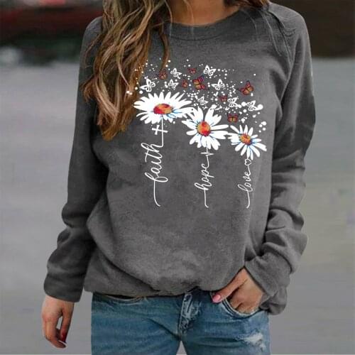 Womens round neck, long sleeves, solid color cotton and linen series casual and comfortable T-shirt with flowers and butterflie