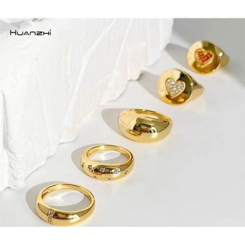 Huanzhi 2021 New Copper Plated Gold Geometric Ring Rhinestone Star Thread Love Heart Finger Rings for woman male Party jewelry