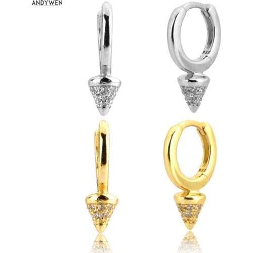 ANDYWEN 925 Sterling Silver Small Huggies 6.5mm Hoops Crystal CZ Zircon Spike Mini Fashion Fine Jewelry For 2020 Rock Punk Party