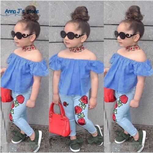2020 Little Girl Cute Clothes Kid Set 2PCS Shirt Jean Long Pant Suit Age 2T-7 Outfit Off Shoulder Top Summer Clothing Children