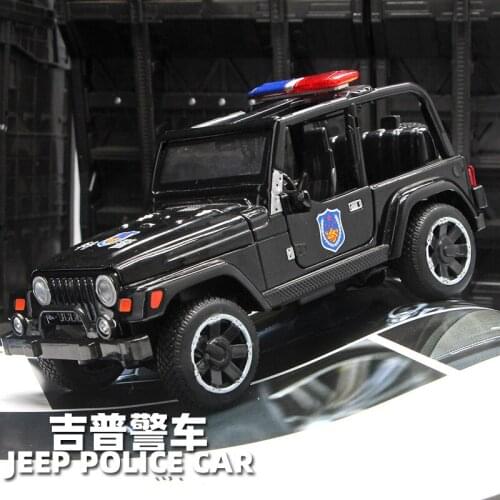 1:32 High simulation Jeep Wrangler alloy police car with light and music pull back the door Police car model for children gifts