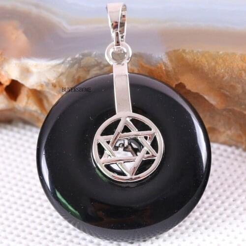 Necklace Pendant 30MM Natural Stone Black Onyx Round Bead for Women Girls Jewelry Gift Star 1Pcs K754