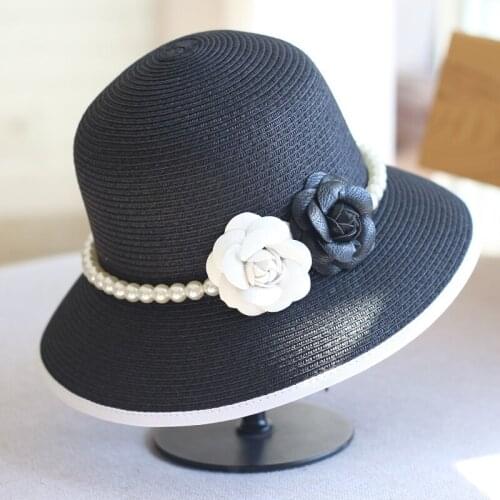 Womens European Style Bucket Hats with Flowers Summer Sun Hats Color Matching Straw Hats with Pearl Beach Hats