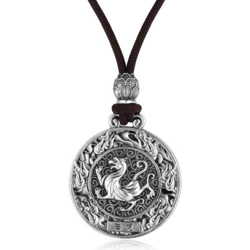 Retro Ancient Silver Four Sacred Beasts Amulet Pendant Necklace Accessories Jewelry Buddhist Carved Fashion Women Sweater Chain