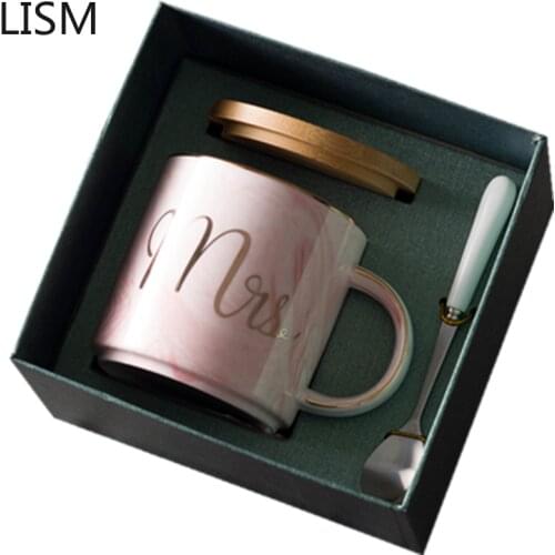 Pink Ceramic Coffee Mugs Creative with Lid Spoon Gold Luxury Coffee Cup Milk Tea Breakfast Cups Travel Christmas Gift Europe