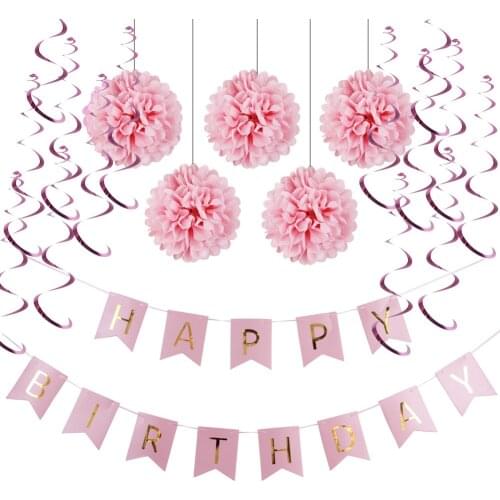Pink,Blue) Paper Decoration Set (Happy Birthday Banner,Foil Swirls,Pom Poms) for Girls Boys Birthday Party First Birthday