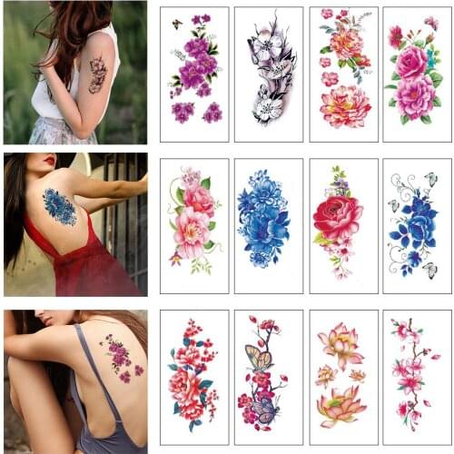 Tattoo Pack of 12 Sheets Flower Temporary Tattoos Stickers Lotus Cherry Blossoms Flash Tattoo