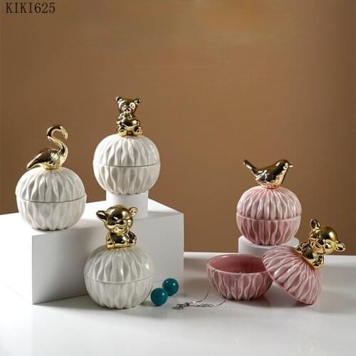 Creative Embossed Ceramic Jewelry Box Gold-plated Animal Earrings Ring Storage Jar Exquisite Small Objects Candy Jar Home Decor