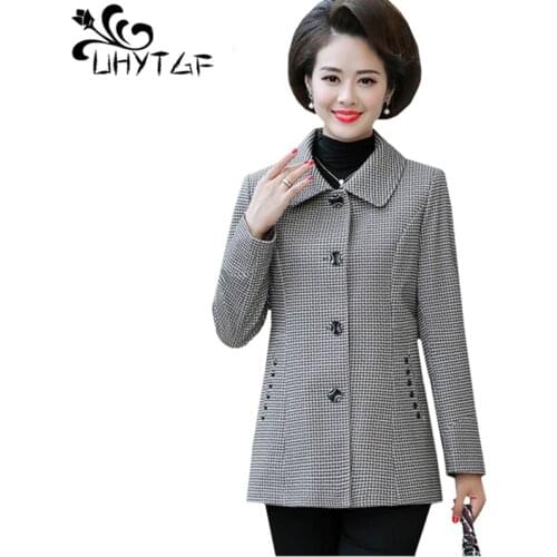 UHYTGF 5XL plus size jackets women fashion mother spring wool coat Plaid long sleeve casual female tops coat casaco feminino 457