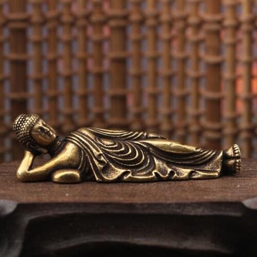 Vintage Solid Brass Sleeping Buddha Mini Figurines Copper Guanyin Ornaments Statue Home Desk Decoration Car Keychain Pendant