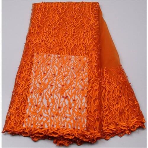 High Quality Imported Wholesale 100%Polyester African Orange Tulle Lace French Net Beads Lace Fabric For Wedding