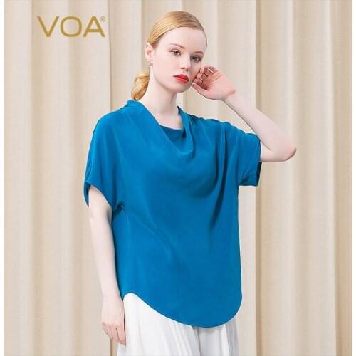 VOA 40m/m Heavy Silk Powder Blue Two-color Pile Collar Fold Short Sleeve Curved Hem Temperament Graceful T-shirt Female BE563