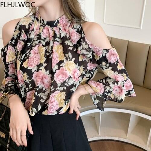 Cute Chic Tops Sweet Girls Holiday Date Wear Women Summer Flhjlwoc Korean Floral Chiffon Ruffled Off Shouler Top Blouse