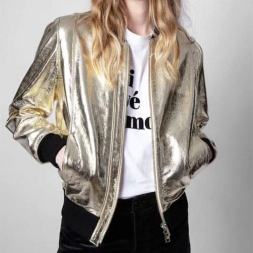 Womens O-Neck Zipper Golden Jacket 2021 New Autumn Winter Ladies Simple Long Sleeve Female Fashion Short Coat Top with Pockets