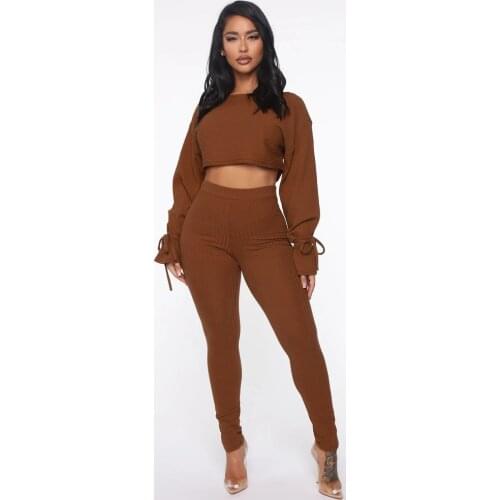 Casual Sportswear Two Piece Pantsuits Women Autumn Lantern Long Sleeve Crop Top+high Waist Sheath Stretchy Legging Female Pant