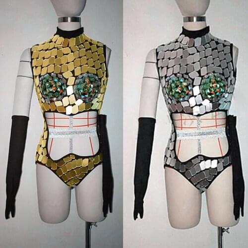 Mirror Stage Costume For Singers Women Rhinestone Bodysuit Nightclub Silver Mirrors Clothing Gold Jumpsuit Performance Costume