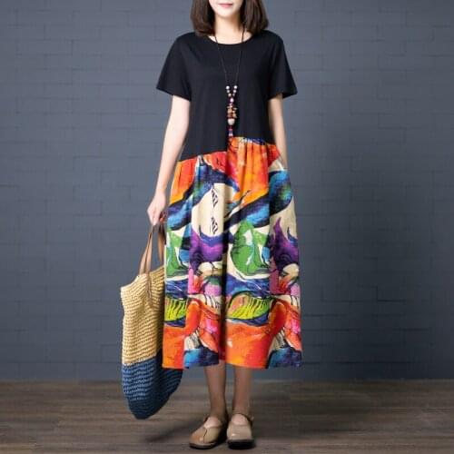 Women Cotton Linen Casual Dress New Arrival 2021 Summer Vintage Style Patchwork Color Loose Ladies A-line Long Dresses S3943