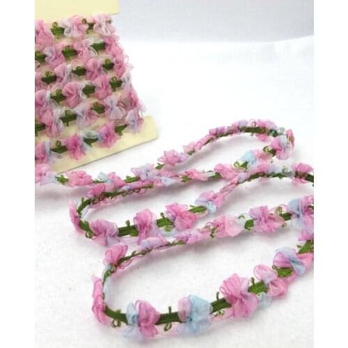 2 Yards Woven Rococo Ribbon Trim with Pink and Light Blue Chiffon Flower|Decorative Floral Ribbon|Scrapbooking|Clothing|Decor
