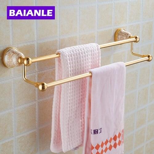 Free Shipping Double Towel Holder, Towel Rack Space Alumnium & ceramics Made Golden Finish Metal Double Towel Bars
