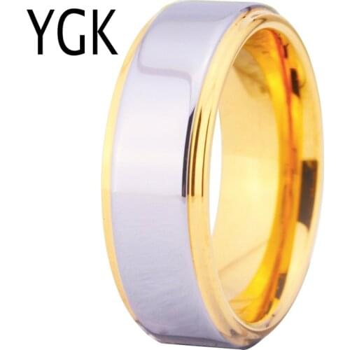 YGK Brand Jewelry 8mm Width Golden Step Edge With Shiny Center Tungsten Carbide Ring for Wedding