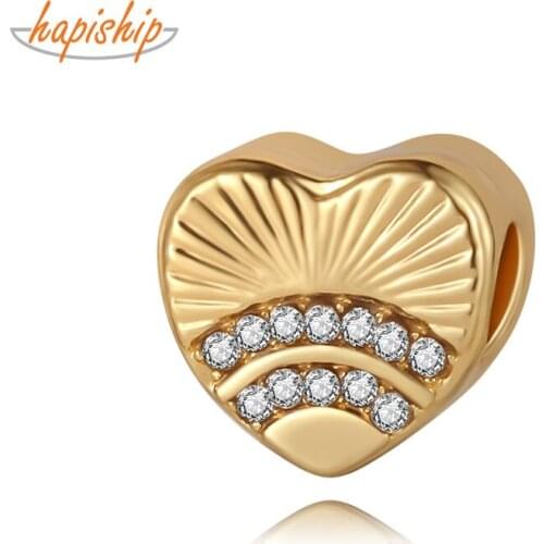 Hapiship New Original Daisy New Fashion Sweet Gold Heart CZ Charm Beads Fit Charm Bracelet Female DIY Jewelry Making CZ163