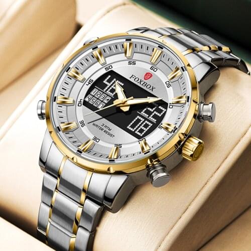 Men Watch FOXBOX Top Luxury Brand Dual display Sports Watches For Mens Alarm Clock Quartz Wristwatch Relogio Masculino New + Box