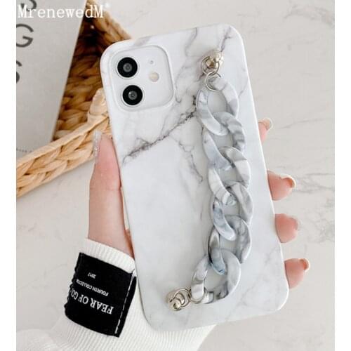 Retro Black White Marble Same Type Bracelet Case For iPhone 11 12 Pro X XR XS Max 12 Mini SE2 7 8 Plus Soft IMD Cover with Chain