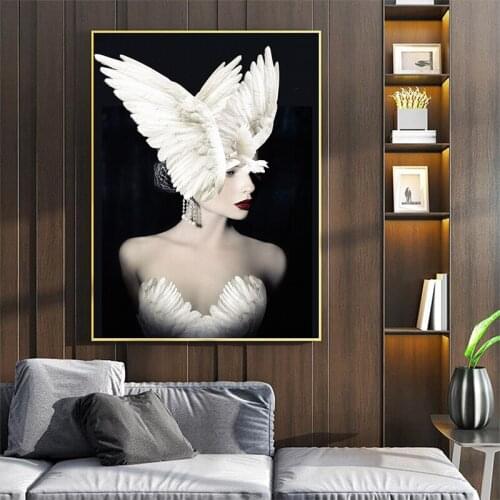 Black White Fashion Woman Pigeon Wings Hat Abstract diamond painting embroidery of pictures with beads and diamonds full Square