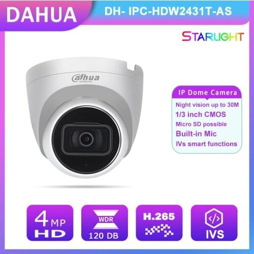 Dahua IPC-HDW2431T-AS-S2 4MP Starlight Dome With Built-in Mic Smart Function POE Camera Night Vision SD Card Slot H.265 IP67 IVS