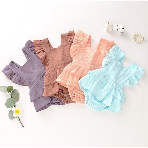 Newborn Baby Girl Clothes Ruffle Cotton Linen Off Shoulder Baby Bodysuit Cotton Jumpsuit Outfit Sunsuit 0-18M