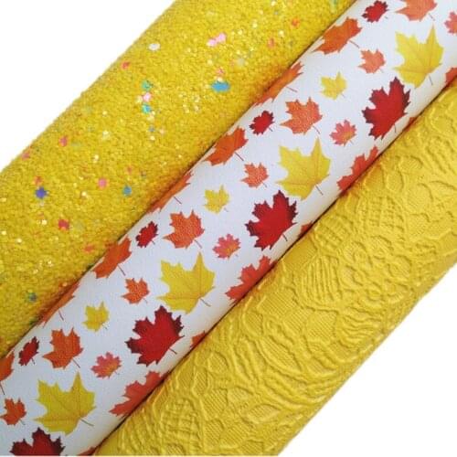 Yellow Glitter leather, Maples Printed synthetic leather, Lace Embossed Faux Leather Sheets For Bows DIY 21x29CM KM764